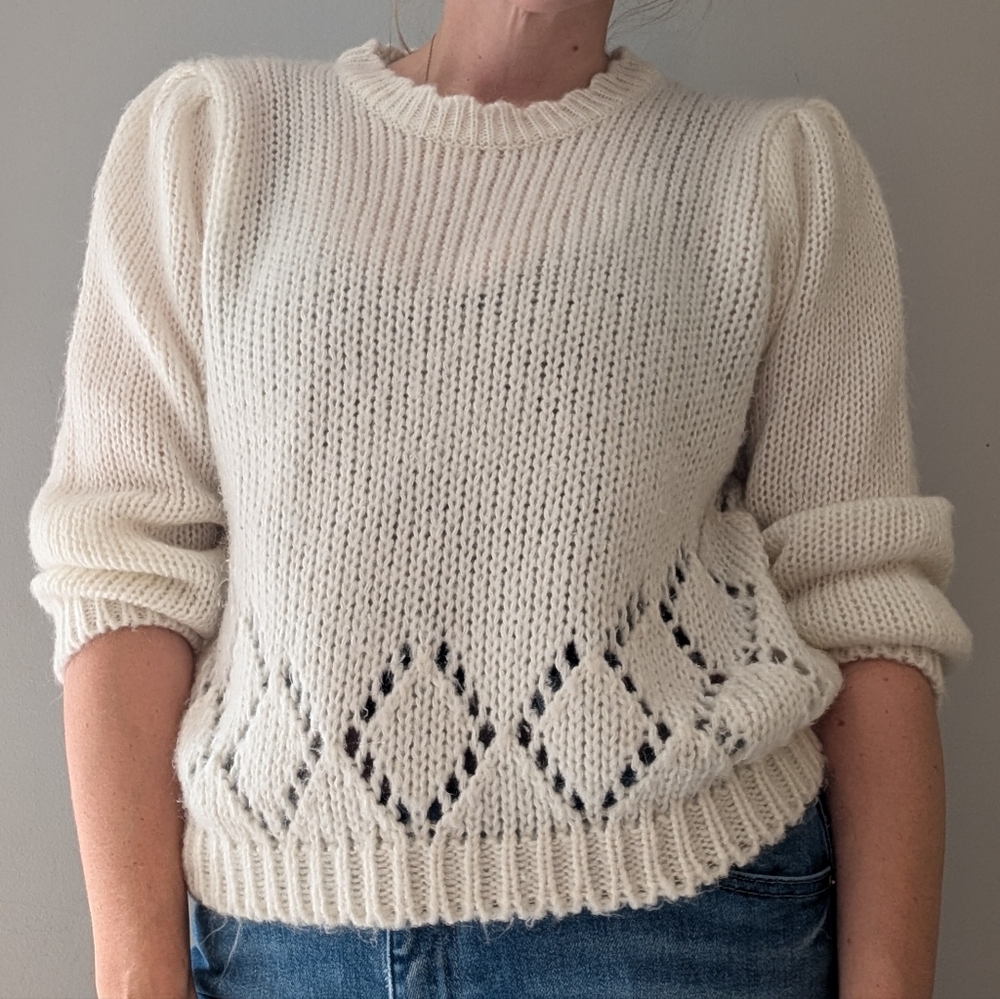 Vintage Shenanigans Hand Knit Sweater, Puff Sleeve White Lacy Diamond Design, M